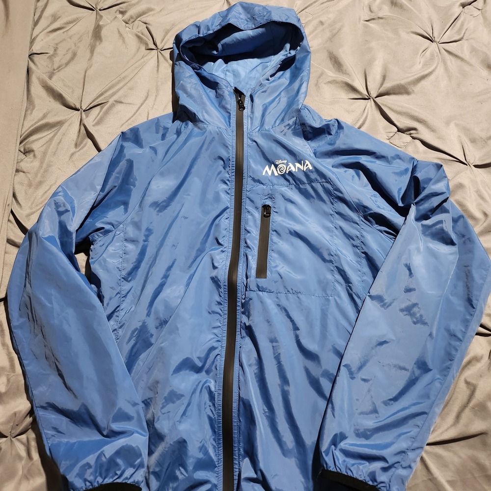 Disney Moana Windbreaker Jacket Blue Hooded Full Zip Mens M Lightweight Rain
